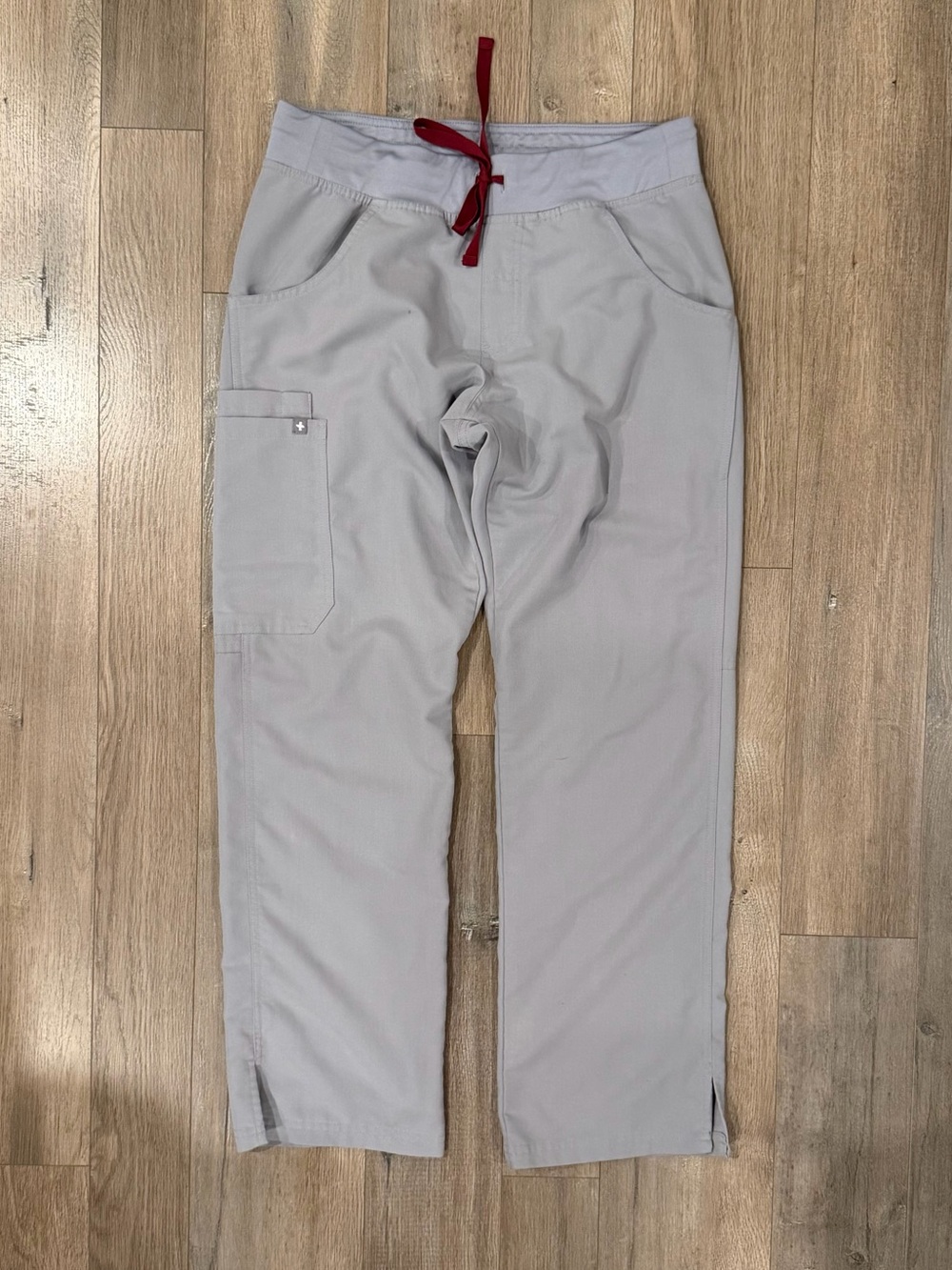 Figs Yola Scrub Pants -Light Gray Drawstring Cargo Scrub Joggers with Red Accent